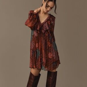 Anthropologie Red maroon wine pleated tent dress long Blouse sparkle ruffle XL